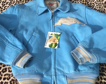 AVIREX 1980s Women JACKET & Patches ~ Iconic Bomber Style ~ Baby Blue Leather ~ Made in USA ~ Rare Vintage ~ S