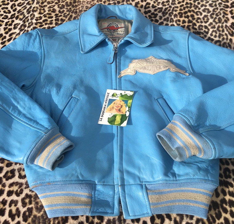 AVIREX 1980s Women JACKET & Patches ~ Iconic Bomber Style ~ Baby Blue Leather ~ Made in USA ~ Rare Vintage ~ S image 1