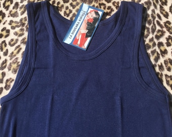 French 1960s Men TANK TOP UNDERWEAR / Muscle / Athletic Shirt / Undershirt~ Navy Blue Combed Cotton ~Made in France~ New/Unworn Vintage ~S/M