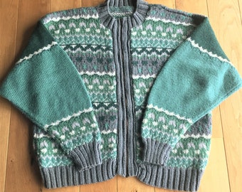 Cardigan-pull tricoté à la main pour homme vintage français et fermeture à glissière en métal - Tricot jacquard vert magnifique - Laine douce et chaude - Fabriqué en France - Nouveau-XXL