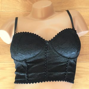 French 1980s Women Vintage Corset/Bustier Top - Sexy Black Lace - Romantic Gothic Steampunk Rock Style - Crop Design - Unworn Vintage - S