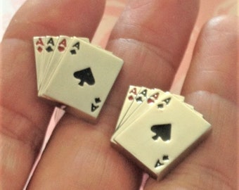 French 1970s Men Vintage Metal Cufflinks - In Relief Playing Cards Design - Four Aces - New - Be ready to win !!!