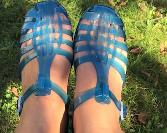 One of the kind 1980s Women Aesthetic Meduses Water Beach Jelly Sandals - Clear Ocean Blue Plastic - Made in Italy - New - US : 6 - FR 36