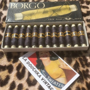 BORGO 1920s Luxurious SILK THREADS~ Lustrous Dark Gray Colour~ 12 Spools : 50 Meters each ~Made in Italy~ New/Unused Vintage in Original Box
