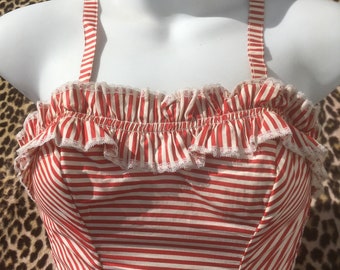 French 1940s/1950s RUFFLED RUCHED SWIMSUIT~ Red  & White Stripes ~ Boned ~ Pin-Up / Bombshell / Glamorous Figure ~Made in France~ Unworn ~ S