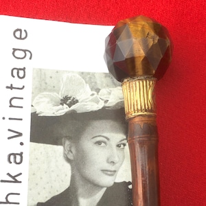 フランス製 1900年代 杖 ウォーキングスティック 杖～タイガーアイのボール型ノブとゴールドのモノグラム～フランス製～希少なアンティーク