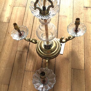 French Salvaged Brass & Glass Column and Bobeche 3 Light Chandelier - Amazing Carved Glass Details - Mint and Unique Antique from France
