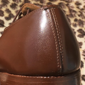 May include: Close-up of a brown leather shoe, showcasing the polished surface and detailed stitching along the side. The shoe's heel and sole are visible, highlighting the craftsmanship of the footwear.