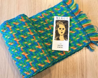 Bufanda larga de lana unisex de los años 70 para hombre y mujer, con flecos, para invierno, en colores azul y verde brillantes, estilo bohemio hippie, nueva de segunda mano, 52 x 8