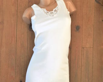 French 1960s Women Vintage Sleeveless Underdress Halter Camisole T.shirt Top - Pure White Cotton - Comfy & Stretchable Fabric -New /Unused-M