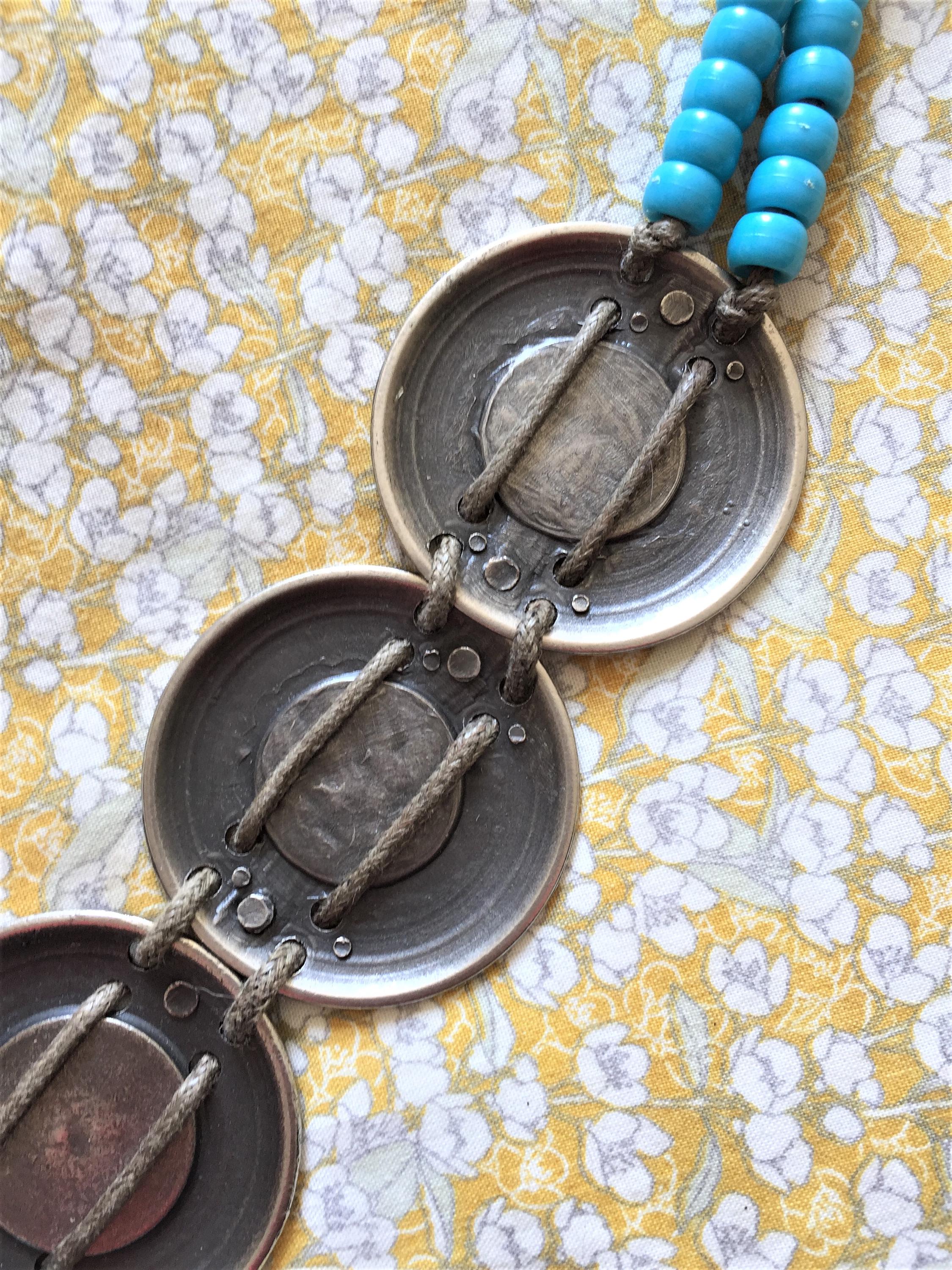 Landrex Vintage Made in France Leather Beaded Turquoise Belt XS Vintage French Concho Belt: Silver Metal, Turquoise Beads  main image 2