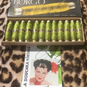 BORGO 1920s Luxurious SILK THREADS~ Vibrant Neon Citrus Green ~12 Spools : 50 Meters each~Made in Italy~New / Unused in Original Vintage Box