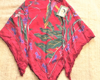 Sciarpa triangolare da donna FRANCESE anni '50 / foulard - Rayon e pappagallo, uccelli esotici e stampa floreale - Colori vivaci e tessuto meraviglioso - Nuovo