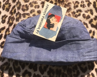 French 1940s Men Blue CHAMBRAY DENIM HAT ~ Workwear / Chore / Sailor ~Made in France~ Very Good Condition ~Unique Vintage ~  S / Metric : 55
