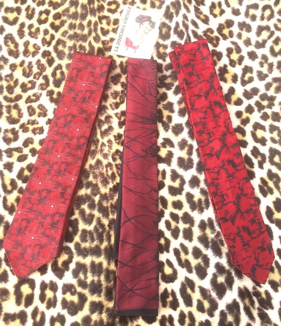 French 1960s Men Mod Skinny Ties ~ Lot of 3 ~RED … - image 1