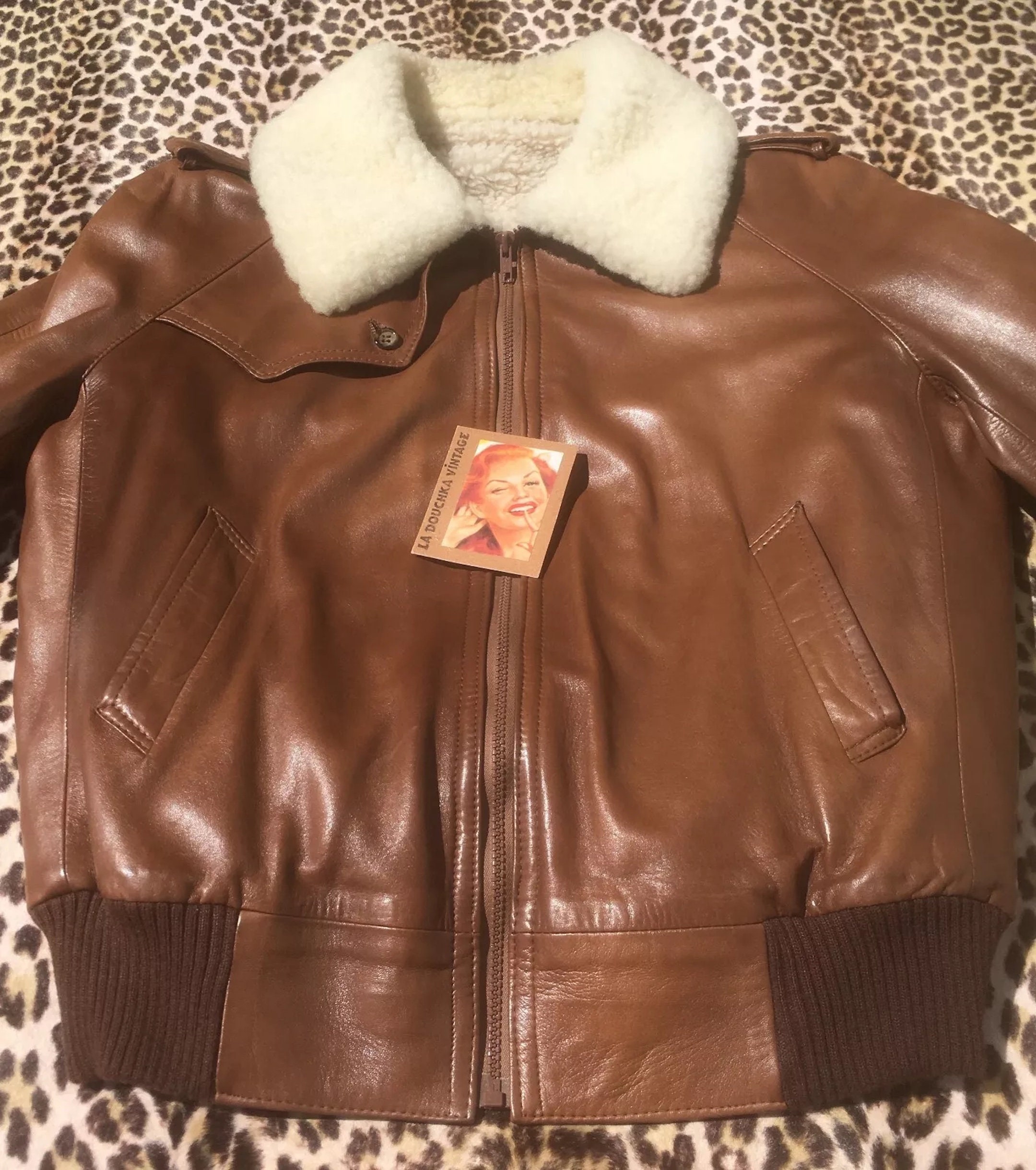 French 1970s Men BOMBER FLYING JACKET~ Leather & Shearling
