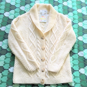 Irish 1970s Women Vintage Winter Cable Knit Cardigan Sweater - Wide Collar & Hand Knitted Ivory Wool - Made in Ireland - Unused / New - S/M
