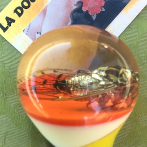 Op de afbeelding: Een decoratieve glazen flesstopper met een cicade erin. De stopper heeft lagen van oranje, wit, geel en zwart. Een kaart in vintage-stijl met de tekst "LA DOUCHKA" en een vrouwenportret staat op de achtergrond.