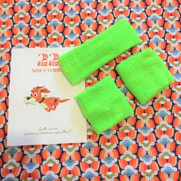 French 1980s Sport Tennis Sweat Wristband & Headband - Neon Fluo Green - Soft Terrycloth Cotton - New / Unused Vintage - The perfect gift !