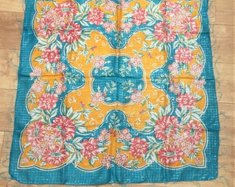 French 1960s Women Vintage Oversized Fine Cotton Square Scarf - Turquoise Blue & Iridescent Threads - Bohemain Style - New - 38 x 37