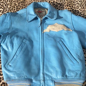 AVIREX 1980s Women JACKET & Patches ~ Iconic Bomber Style ~ Baby Blue Leather ~ Made in USA ~ Rare Vintage ~ S image 2
