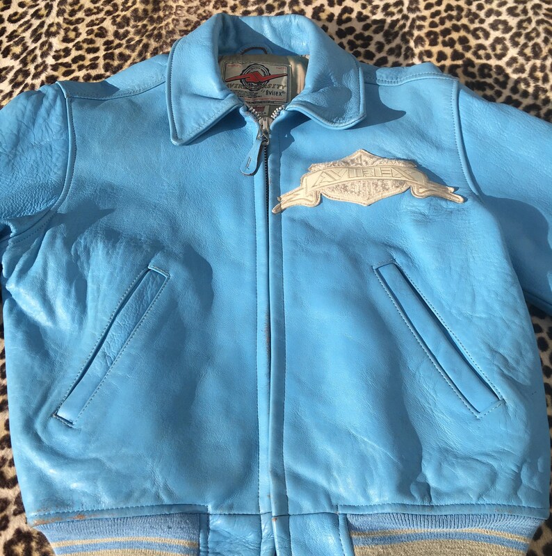 AVIREX 1980s Women JACKET & Patches ~ Iconic Bomber Style ~ Baby Blue Leather ~ Made in USA ~ Rare Vintage ~ S image 2