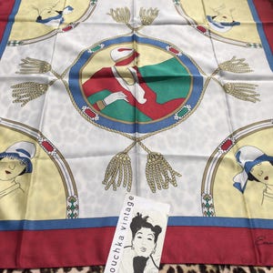 FRENCH 1960s Women SQUARE SCARF ~ Art Deco / Flapper Women / Cloche Hat / Tassels Print ~ Made in Italy ~ 30 x 30&quot; ~ New : Unworn Vintage