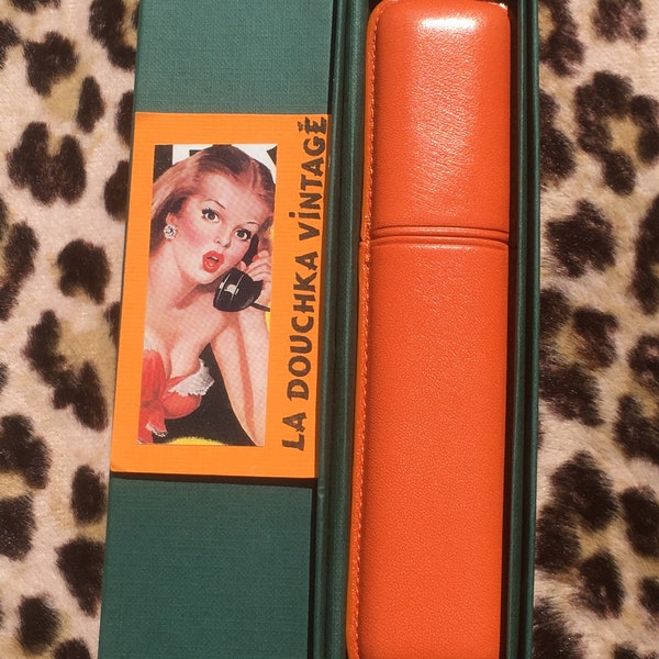 French 1960s Unisex 2 PEN CASE ~ Eye-Catcher Orange Leather ~ Handcrafted in France ~ Great Gift ~ Unused : New in Original Vintage Box