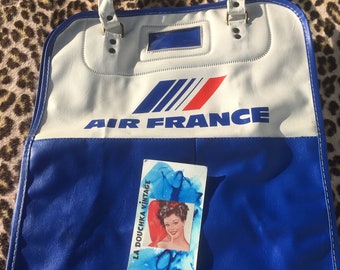 French AIR FRANCE 1960s Airlines Carry-On  / Travel / Flight / Cabin Luggage BAG ~ Blue / White / Red ~ Made in France ~ Rare Unused Vintage