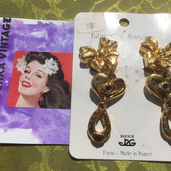 French Designer JACKY DE G 1980s Dangling EARRINGS ~ Bow / Heart Design ~ Gold & Purple Rhinestones ~Made in France~ Unworn Vintage with Tag