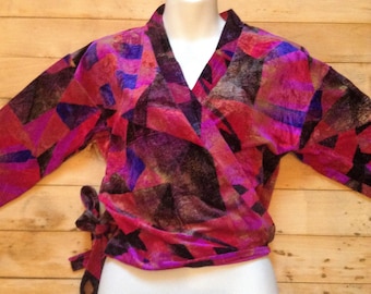 One of the Kind French Woman Vintage Wrap Crossover Draped Dance Dancewear Top - Eye Catcher Purple & Hot Pink Print - New - M