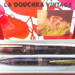 French Art Deco 1920s Fountain PEN + Mechanical PENCIL SET ~ Unique Purple & Pink Marbled Celluloid ~Made in France~ In Original Vintage Box