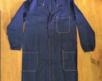 French 1960s Men Vintage Workwear Work Long Chore Lab Coat - Deep Blue Cotton & Constrated Stitching - Made in France - New - L
