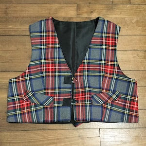 French 1980s Women Vintage Bolero Crop Waistcoat Vest & Covered Buttons - Timeless Red Tartan Plaid - Made in France - New - M