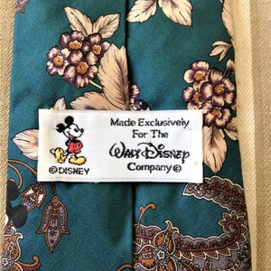 Disney 1980s Men Vintage Silk Necktie - Green Paisley Print & Mickey Mouse - Made in the USA - New !