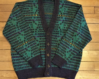 Français années 1980 Hommes vintage Sweater Cardigan Vest - Motif coloré - Tricot de laine acrylique doux et chaud - Made in France - Nouveau - S/M