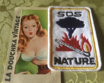 French 1960s Embroidered Patch ~ SOS NATURE ~ Forest Fire Awareness / Prevention ~ Environmentally Friendly ~Made in France ~ Unused Vintage