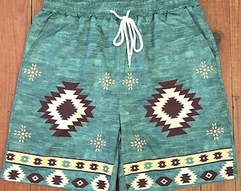 French 1980s Men Vintage Quick Drying Beachwear Swimwear Shorts & 2 Large Pockets - Green Ethnic Navajo Native American Print - Unworn -XL