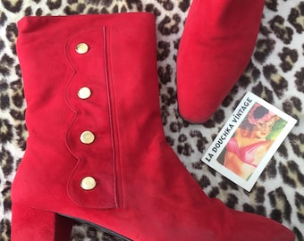 BRUNO MAGLI Italian Designer 1980s Women BOOTS~ Red Suede Leather ~Mod / Go-Go / Space Age~ Eye-Catcher Vintage Style ~ Handmade in Italy~ 9