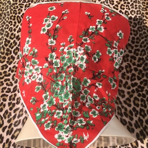 FRENCH 1930s Women Large TRIANGLE SCARF~ Red Cotton & Liberty Floral Print ~Japanese Cherry Blossom Flowers~ New : Unworn Vintage ~ 37 x 28&quot;