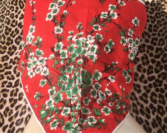 FRENCH 1930s Women Large TRIANGLE SCARF ~ Red Cotton & Liberty Floral Print ~ Japanese Flowers ~ New Old Stock : Unworn Vintage ~ 37 x 28