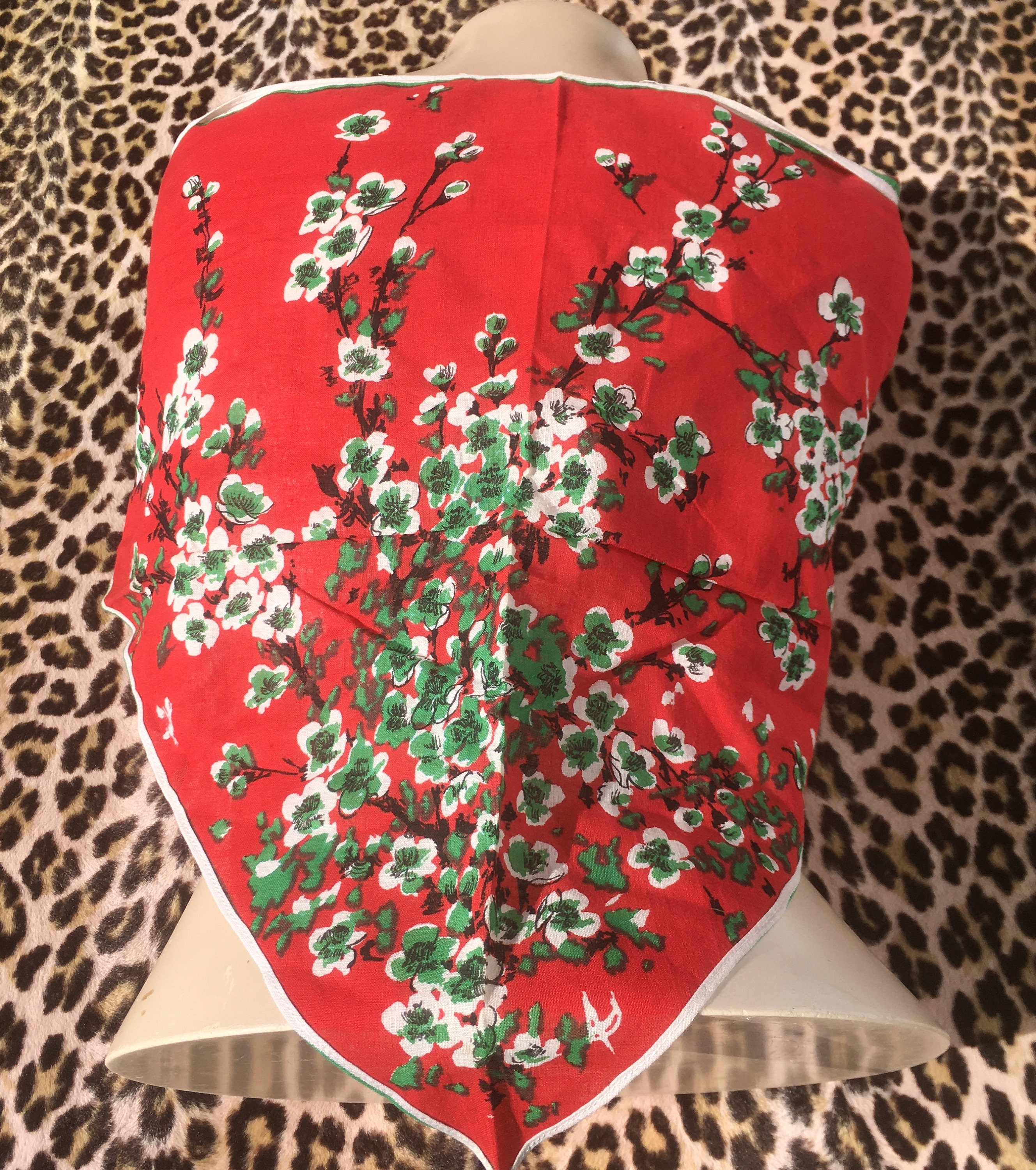 FRENCH 1930s Women Large TRIANGLE SCARF ~ Red Cotton