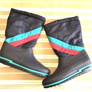 French 1970s Unisex Men Women Vintage Winter After Ski Snow Boots & Stripes - Fully Lined - Made in France - New - US 7.5/8 - FR 40/41