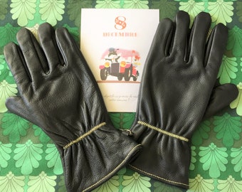 Französische 1970er Jahre Herren Vintage schwarze Lederhandschuhe & warmes Futter - zeitloses Motorradfahrer Zubehör - Made in France - Neu - L / 8