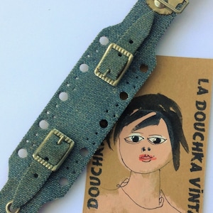 French 1960s One Piece Wide Hand Tooled Watch Band Bracelet - Blue Denim & Silver Buckles - MADE IN FRANCE - New - 10 mm
