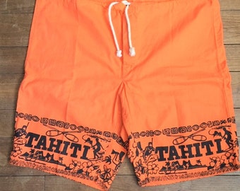 Eye-Catcher 1970s Men Beachwear Swimwear Boxer Shorts -Surfers / Island / Surf Black Print~ Orange Cotton -Made in Tahiti- Unworn Vintage -M