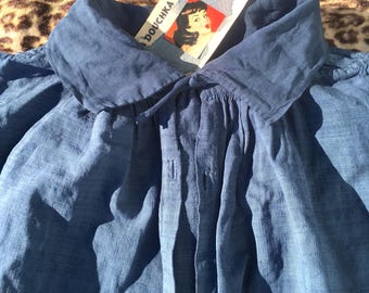 French 1910s Men Long Smock BIAUDE SHIRT~ Hand Dyed Blue Cotton & Linen Metis ~ Workwear /Artist /Bohemian /Farmer ~Made in France~ Mint ~ L