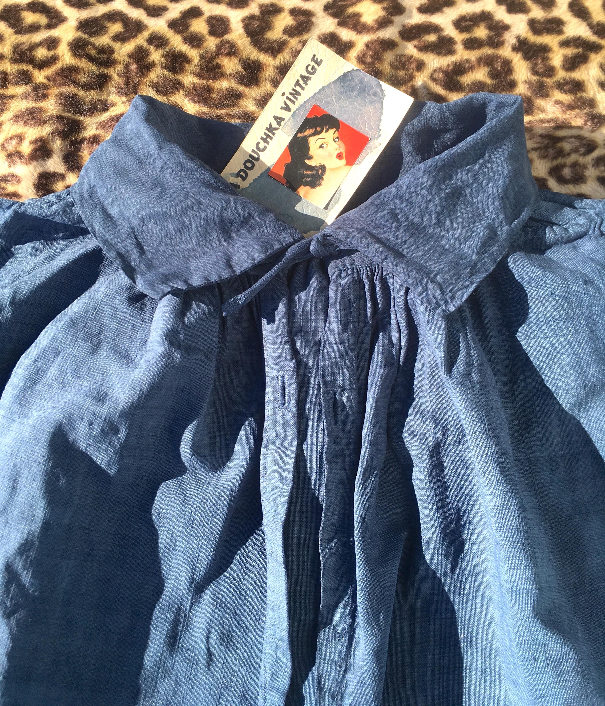French 1910s Men Long Smock BIAUDE SHIRT~ Hand Dyed Blue Cotton
