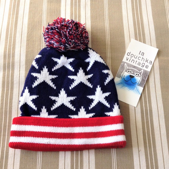 French 1970s Unisex Vintage Winter Tricolor Beanie Hat & Pom  display picture 1