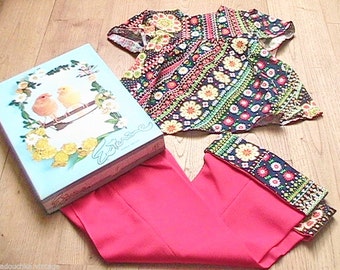 French 1960s BABY GIRL OUTFIT ~ Liberty Floral Top & Bell Bottom Pants ~ Hippie / Bohemian ~Unworn : New in Original Vintage Box ~ 24 months